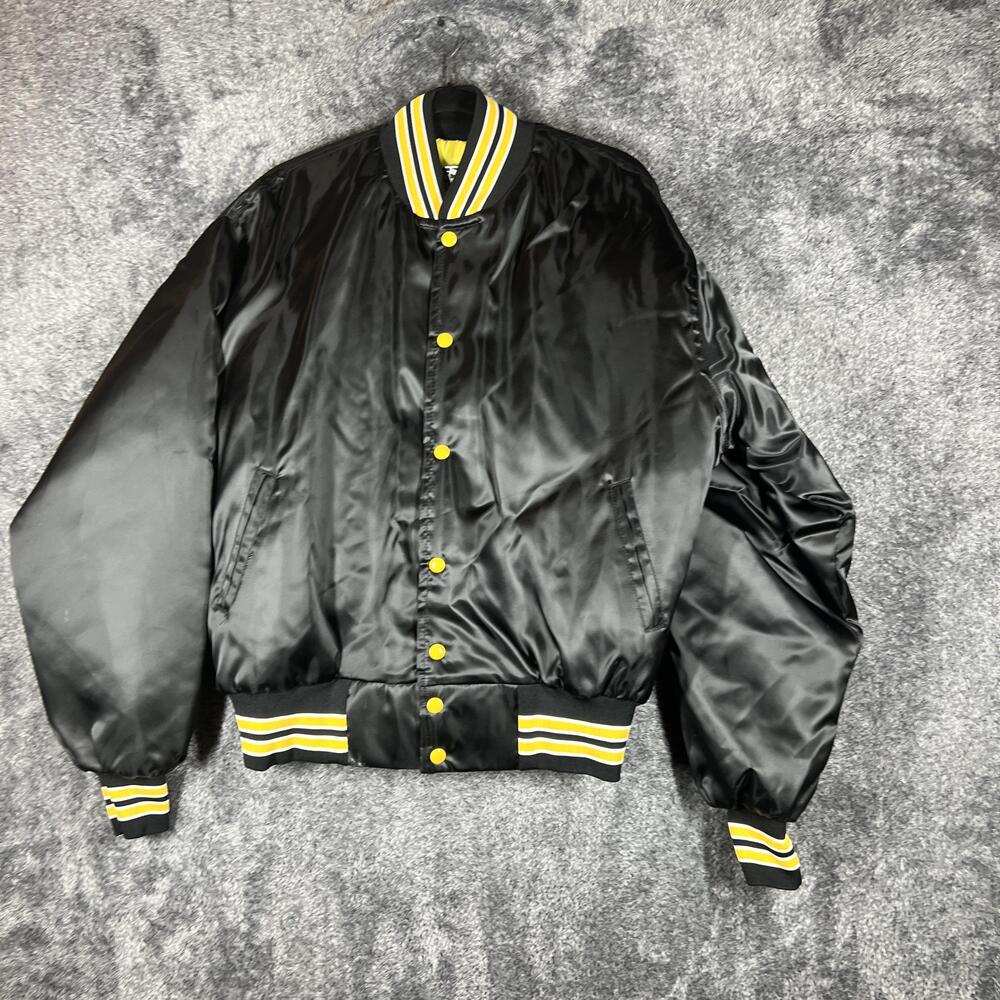 West Wind Jacket Mens XL Black Varsity Satin Snap Pockets Collared Lined